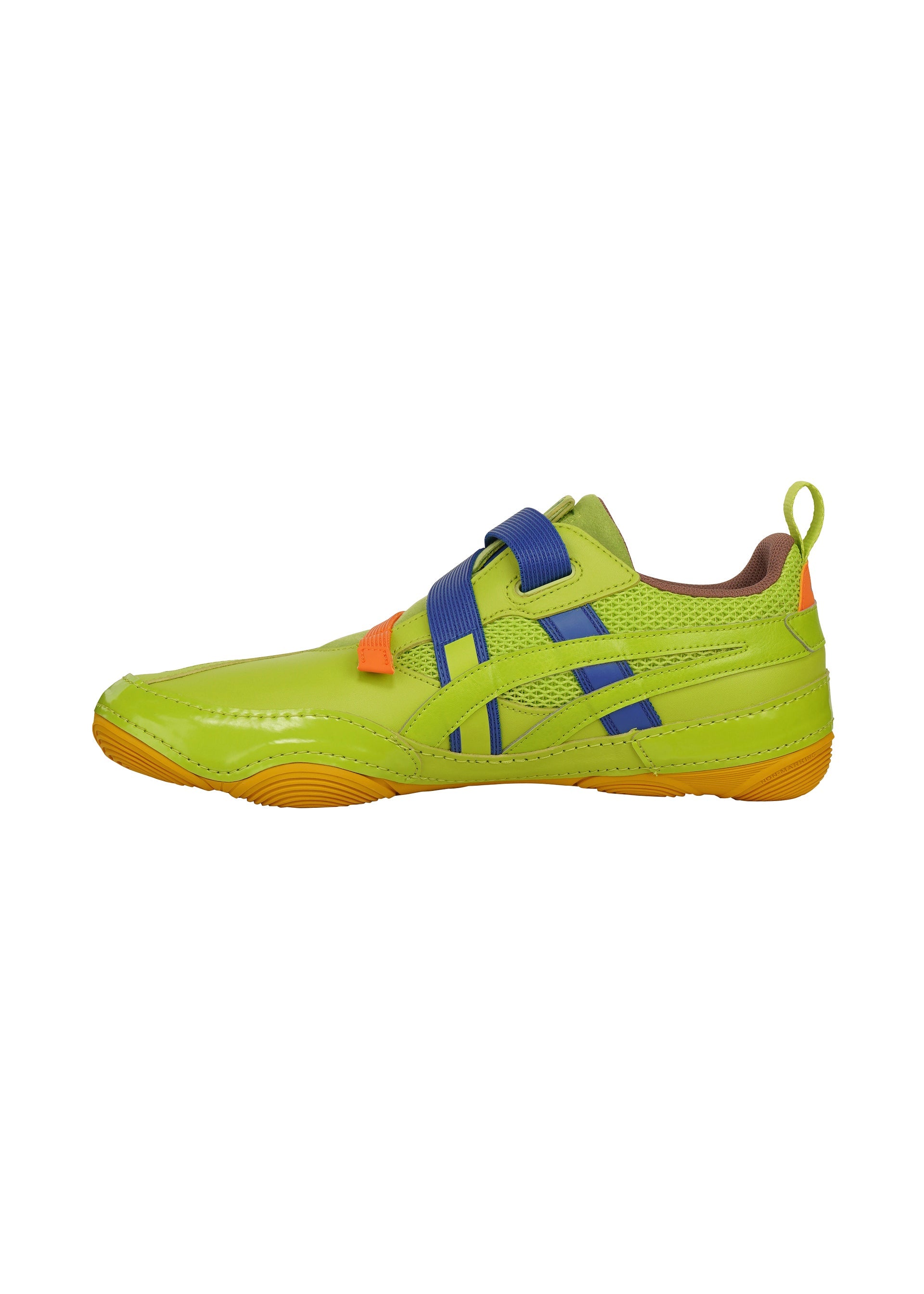 Zoomed view The HYPER TAPING sneaker by ISSEY MIYAKE FOOT features a bright lime green color, blue tape-inspired straps, orange details, and a yellow textured sole, shown in a side view on a white background.