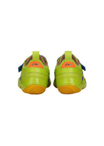 Rear view of vibrant ISSEY MIYAKE FOOT HYPER TAPING sneakers with green uppers, yellow soles, blue side accents, and orange heel details—athletic taping-inspired design shown against a white background.