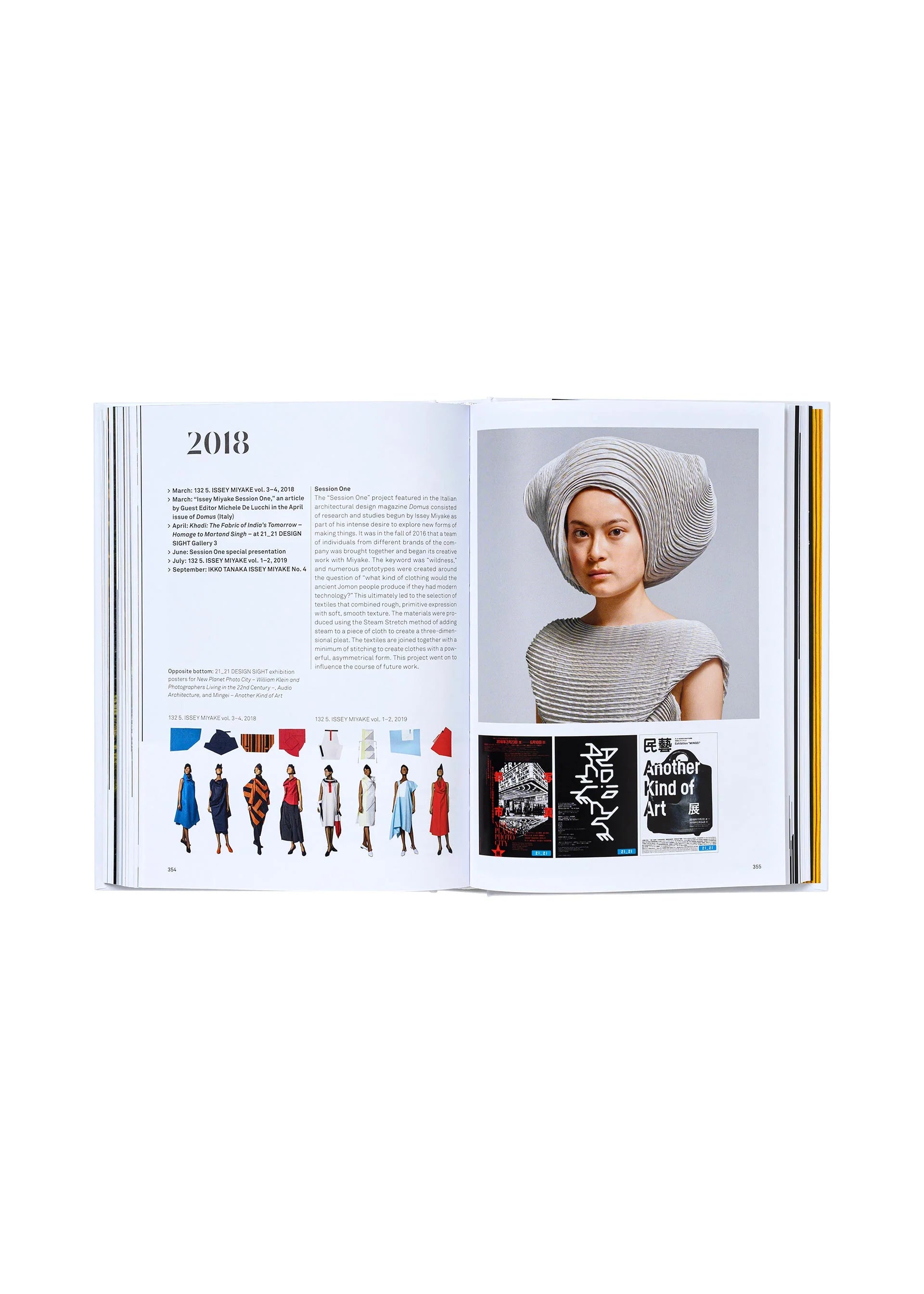 Zoomed view An open ISSEY MIYAKE 45th Ed. book by ISSEY MIYAKE BOOKS shows a 2018 lineup of models in colorful outfits on the left page, with a sculptural headpiece photo and two TASCHEN 45th Edition Series covers on the right.