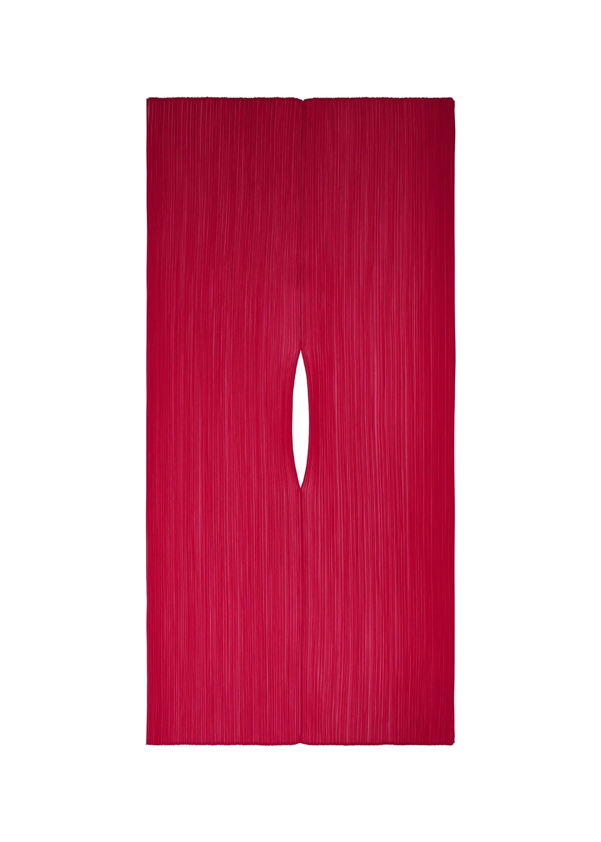 COLORFUL MADAME-T SMALL by PLEATS PLEASE ISSEY MIYAKE: a vertical rectangular artwork in deep red, featuring fine pleats and a symmetrical center hole, reminiscent of a stole—ideal for displaying on your online store. view 1 of 6