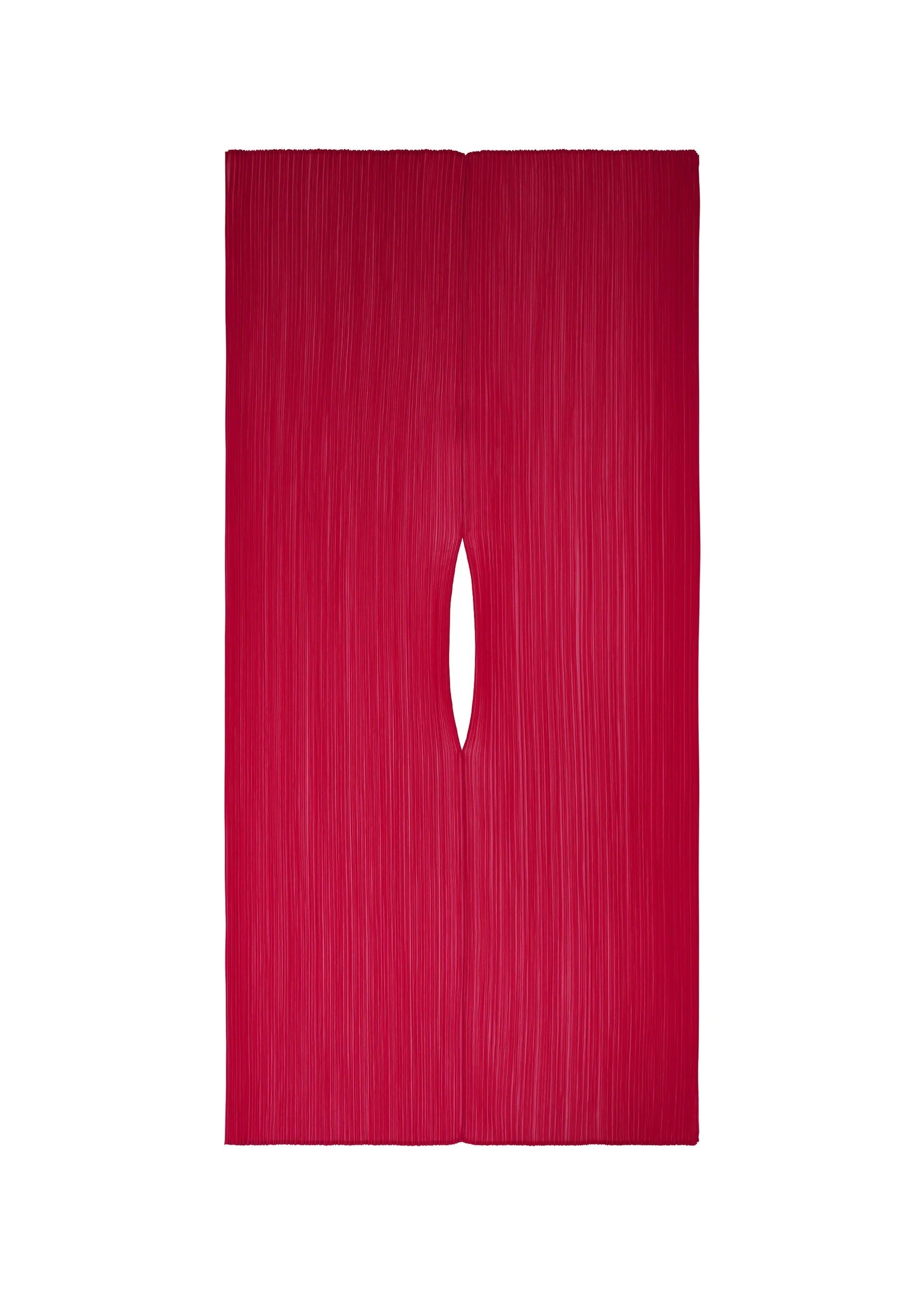 Zoomed view COLORFUL MADAME-T SMALL by PLEATS PLEASE ISSEY MIYAKE: a vertical rectangular artwork in deep red, featuring fine pleats and a symmetrical center hole, reminiscent of a stole—ideal for displaying on your online store. - CARMINE （no.23）