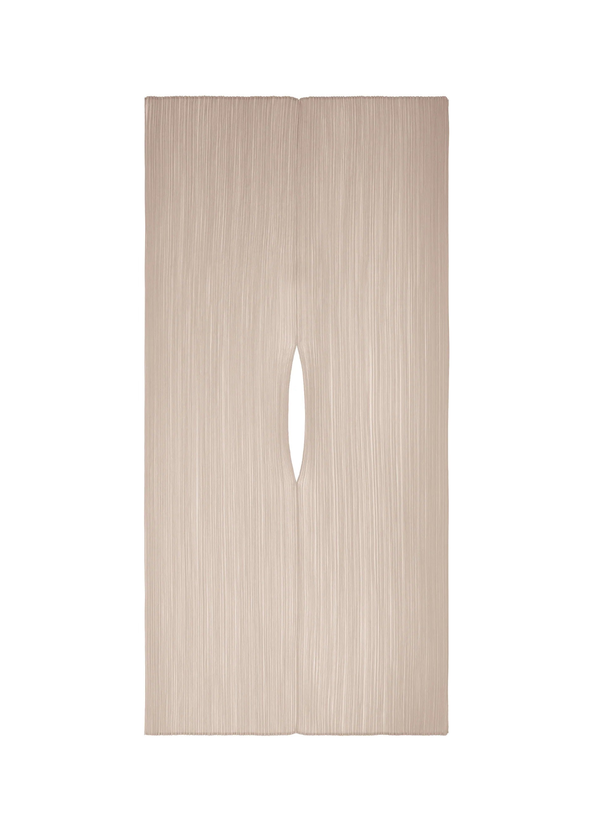 Zoomed view The COLORFUL MADAME-T SMALL by PLEATS PLEASE ISSEY MIYAKE is a beige, textured rectangular panel with vertical grooves and a central hole, resembling a large pleated stole, displayed on a white background. - GREIGE （no.42）