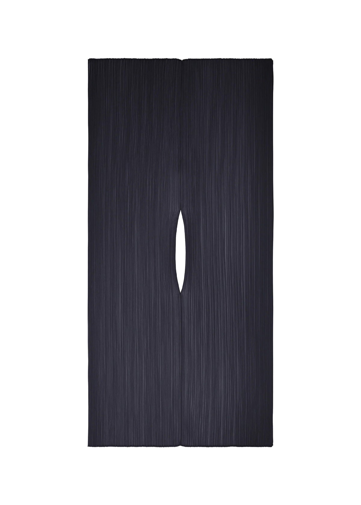 The COLORFUL MADAME-T SMALL by PLEATS PLEASE ISSEY MIYAKE is a dark, vertically oriented rectangular stole with subtle lines and a central slit, elegantly displayed on a plain white background, ideal for online store presentation. view 4 of 6