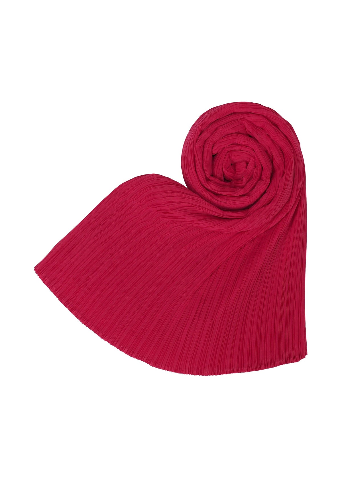 The COLORFUL MADAME-T SMALL by PLEATS PLEASE ISSEY MIYAKE is a bright pink, pleated stole rolled into a spiral with one end flat, shown on a white background. Add flair to any look—now available in our online store. view 5 of 6
