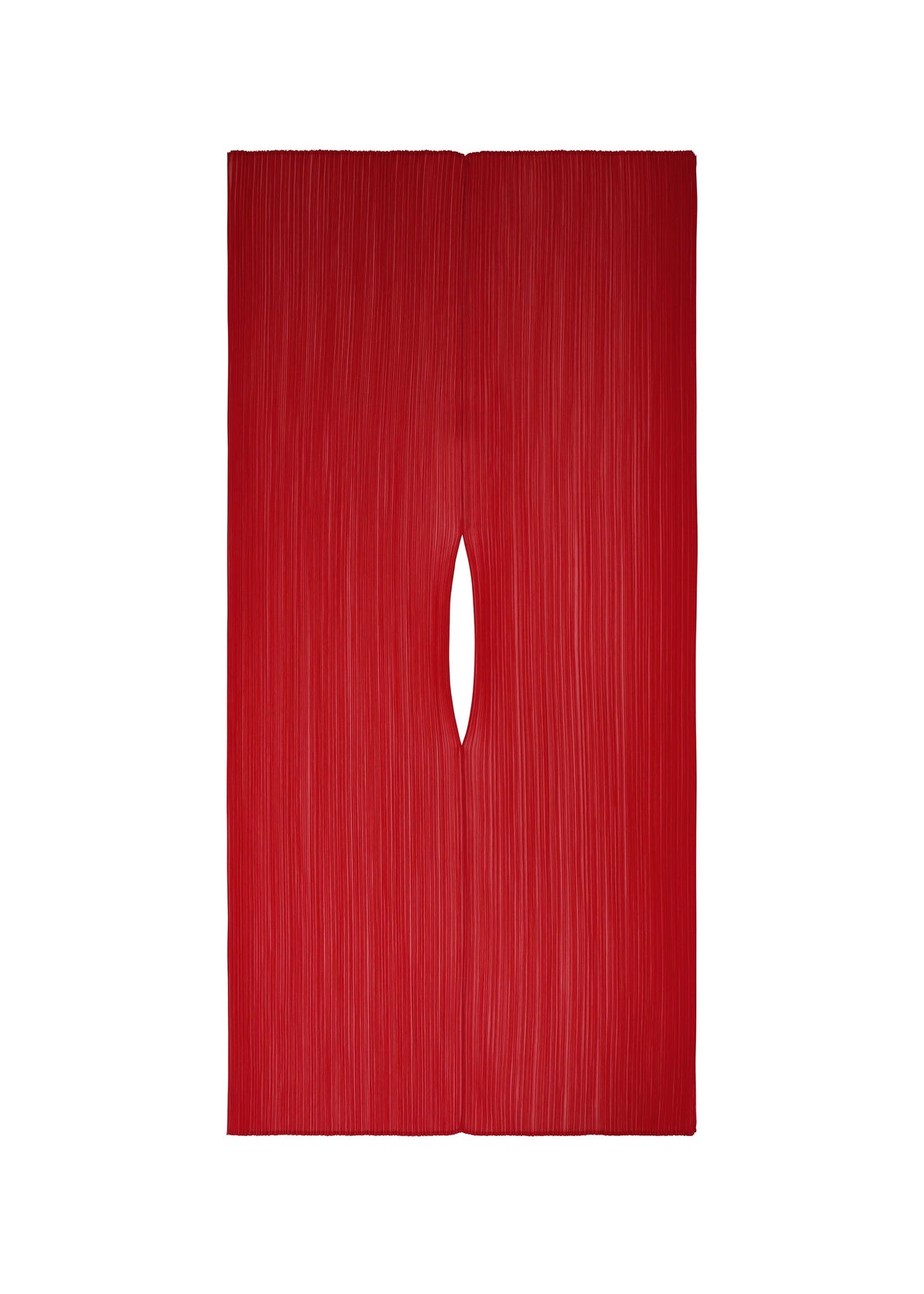 A large, rectangular red COLORFUL MADAME-T SMALL pleated stole featuring fine vertical pleats and a vertical oval cutout in the center. view 2 of 7