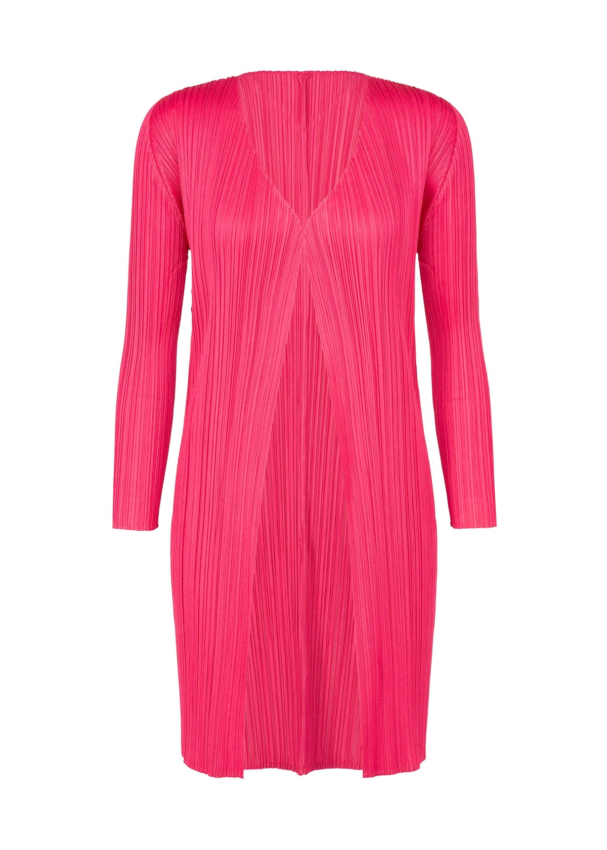 A hot pink PLEATS PLEASE ISSEY MIYAKE NEW COLORFUL BASICS 5 long-sleeved tunic featuring a deep V-neck and vertical accordion pleats. view 1 of 10