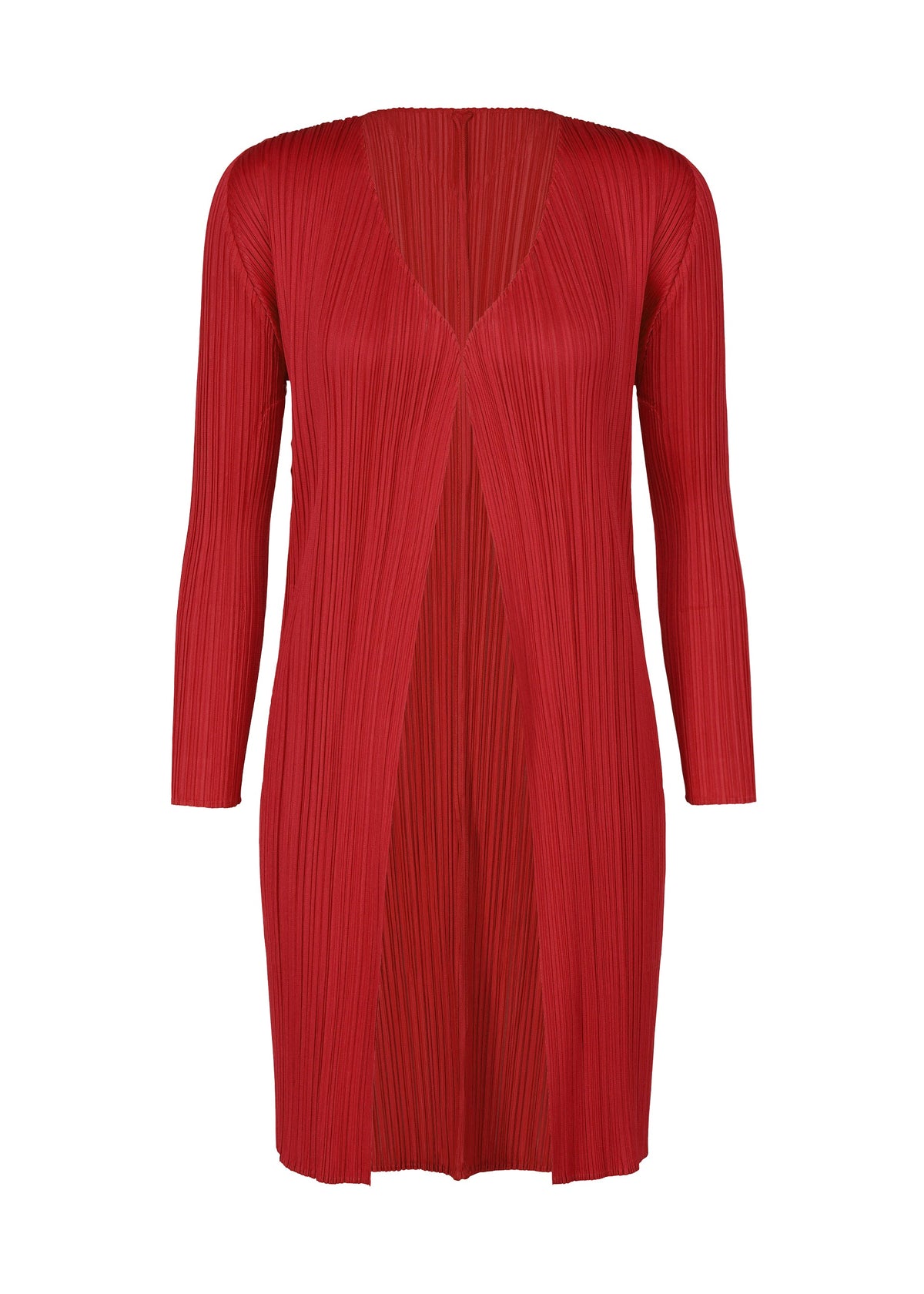 Zoomed view PLEATS PLEASE ISSEY MIYAKE NEW COLORFUL BASICS 5 knee-length, V-neck cardigan in bright red with long sleeves and a pleated texture. - RED （no.24）