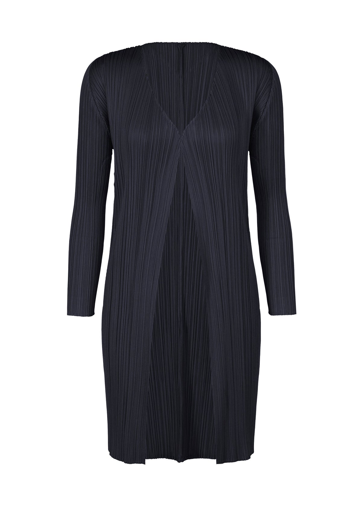 NEW COLORFUL BASICS 5 pleated dress by PLEATS PLEASE ISSEY MIYAKE in dark navy, featuring long sleeves, a knee-length hem, and a deep V-neckline. view 5 of 10