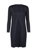 NEW COLORFUL BASICS 5 pleated dress by PLEATS PLEASE ISSEY MIYAKE in dark navy, featuring long sleeves, a knee-length hem, and a deep V-neckline. - NAVY （no.75）