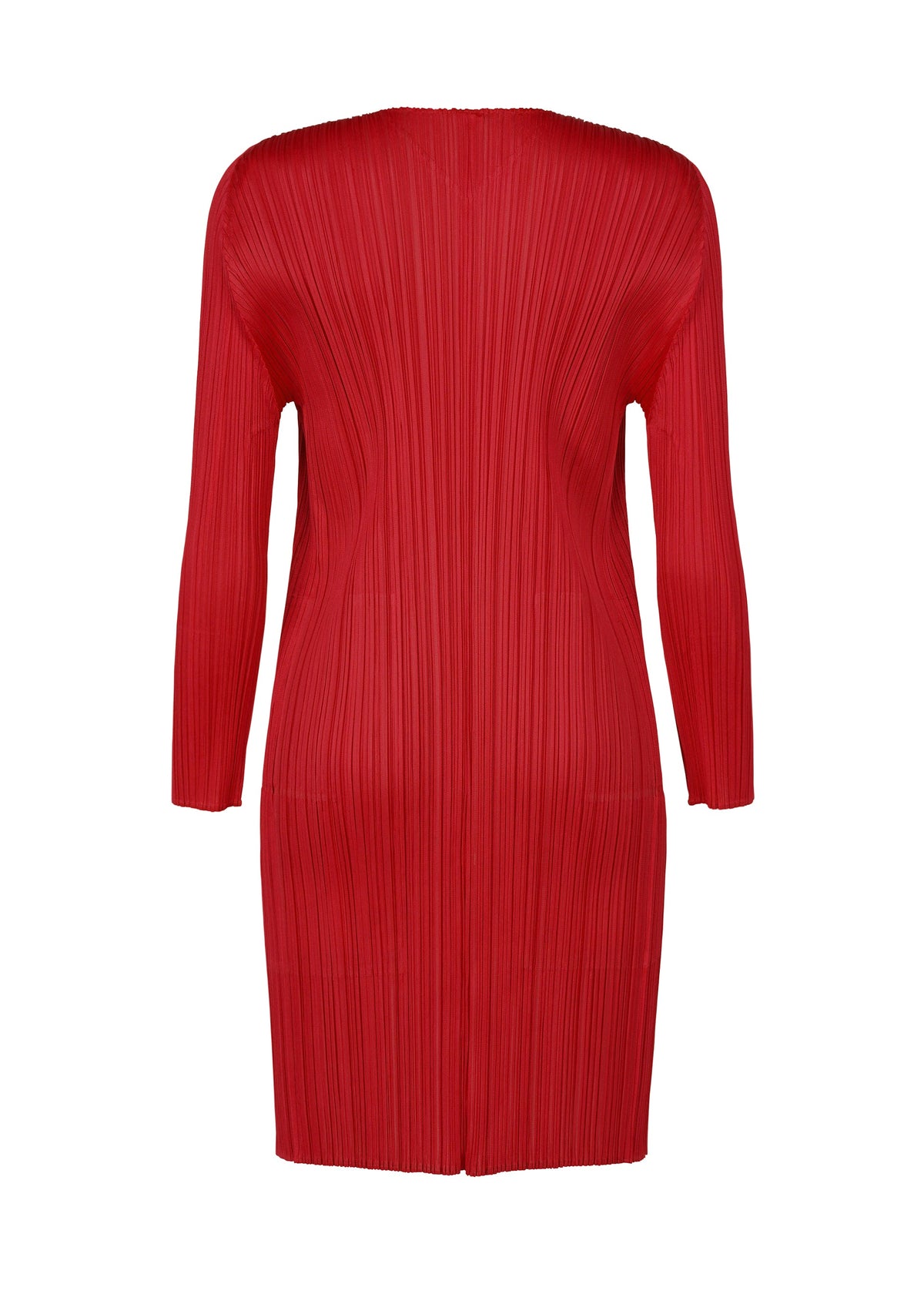 Zoomed view NEW COLORFUL BASICS 5 long-sleeved dress by PLEATS PLEASE ISSEY MIYAKE in a brightly colored red with an easy-to-wear pleated texture.