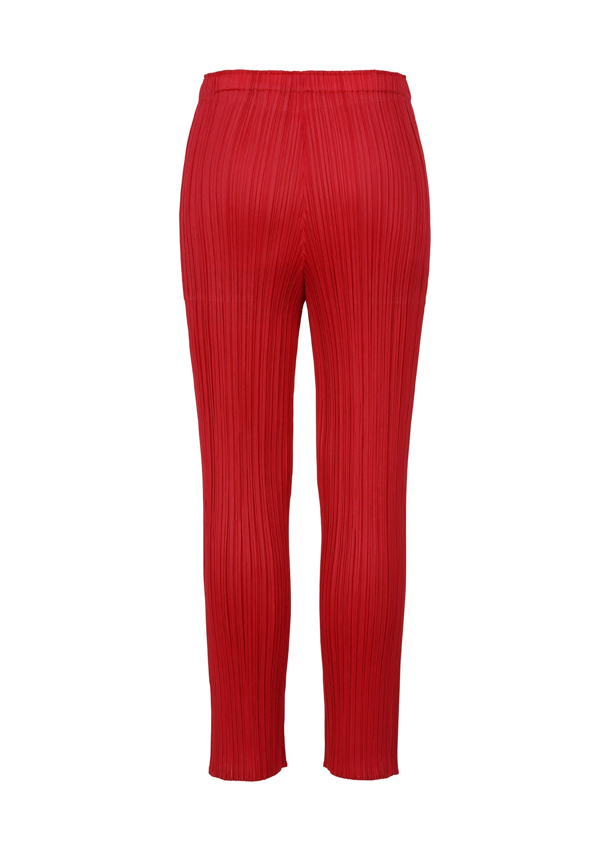 Back view of red PLEATS PLEASE ISSEY MIYAKE NEW COLORFUL BASICS 5 pleated trousers with an elastic waistband. view 6 of 10