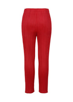 Back view of red PLEATS PLEASE ISSEY MIYAKE NEW COLORFUL BASICS 5 pleated trousers with an elastic waistband.