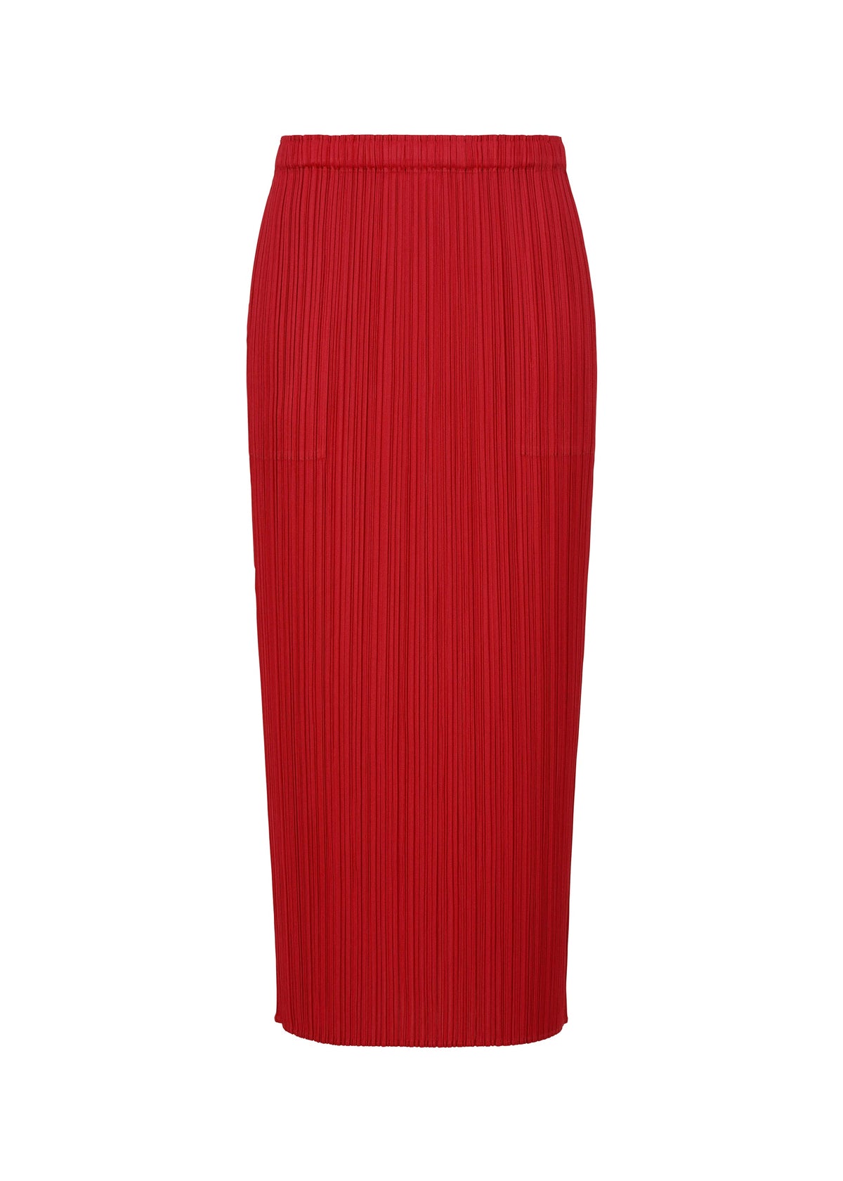 Brightly colored red midi-length PLEATS PLEASE ISSEY MIYAKE NEW COLORFUL BASICS 5 skirt with a pleated texture, an elastic waistband, and convenient pockets. view 2 of 10
