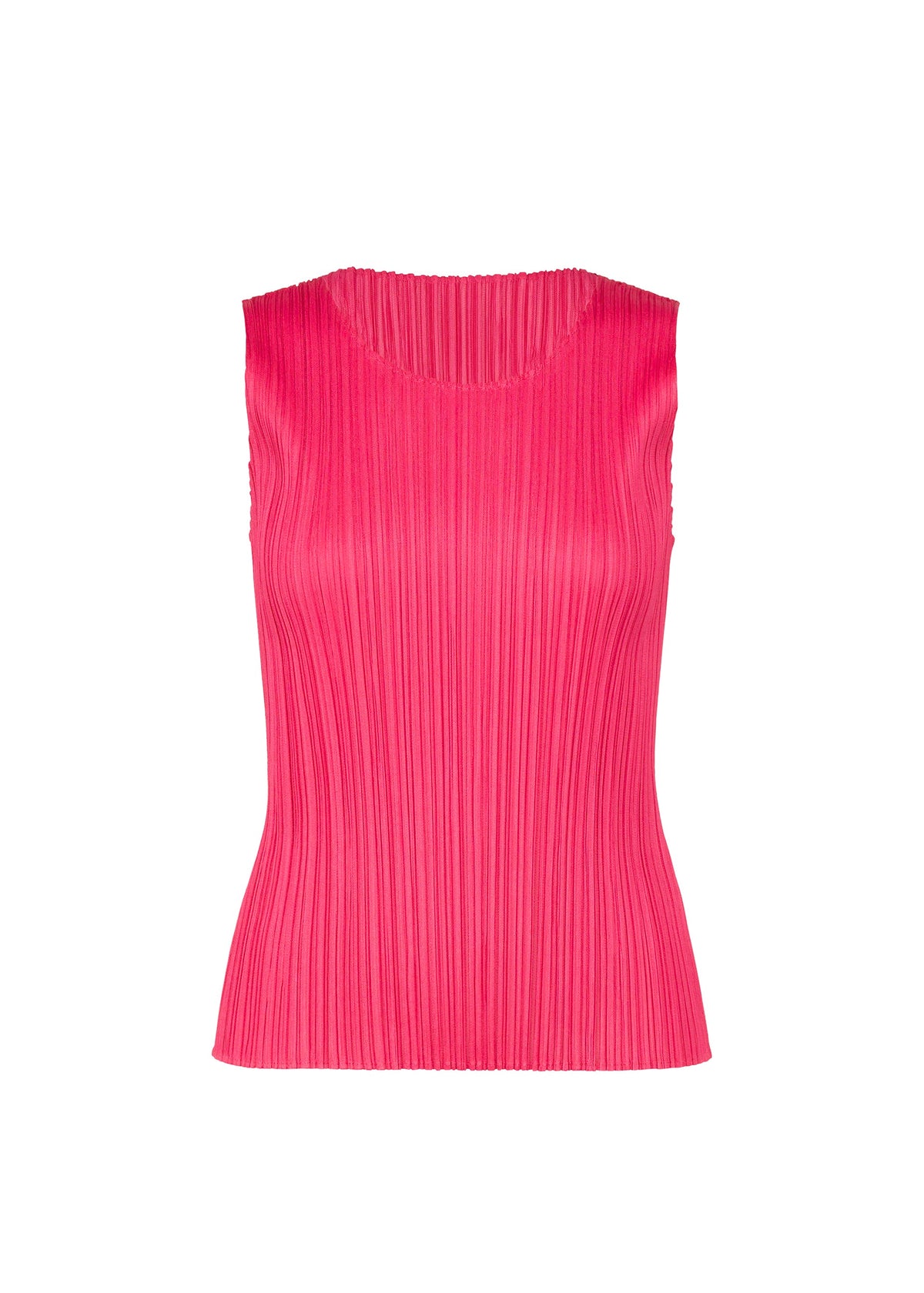 Brightly colored hot pink NEW COLORFUL BASICS 5 sleeveless top by PLEATS PLEASE ISSEY MIYAKE, featuring a round neckline and vertical pleats throughout. view 1 of 10