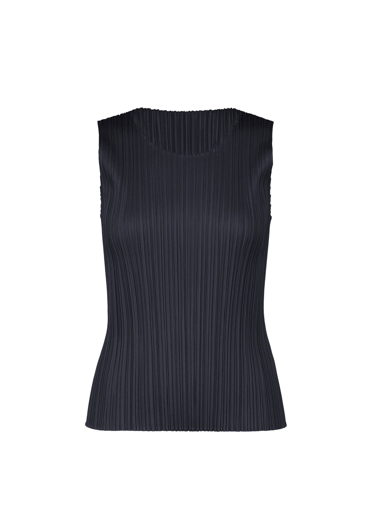 Dark navy round-neck sleeveless PLEATS PLEASE ISSEY MIYAKE NEW COLORFUL BASICS 5 shirt with vertical pleats, easy to style for any occasion. view 5 of 10