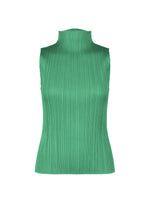 Bright green high-neck sleeveless PLEATS PLEASE ISSEY MIYAKE NEW COLORFUL BASICS 5 shirt with fine vertical pleating. - TURQUOISE GREEN （no.66）