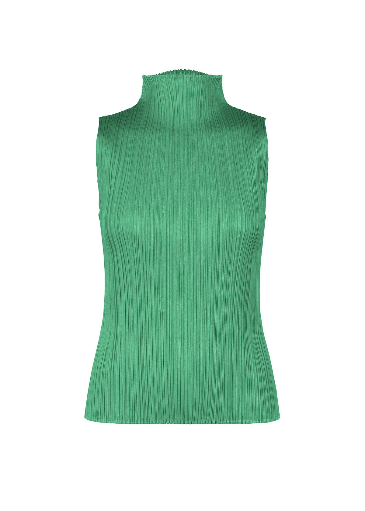 Zoomed view Bright green high-neck sleeveless PLEATS PLEASE ISSEY MIYAKE NEW COLORFUL BASICS 5 shirt with fine vertical pleating. - TURQUOISE GREEN （no.66）