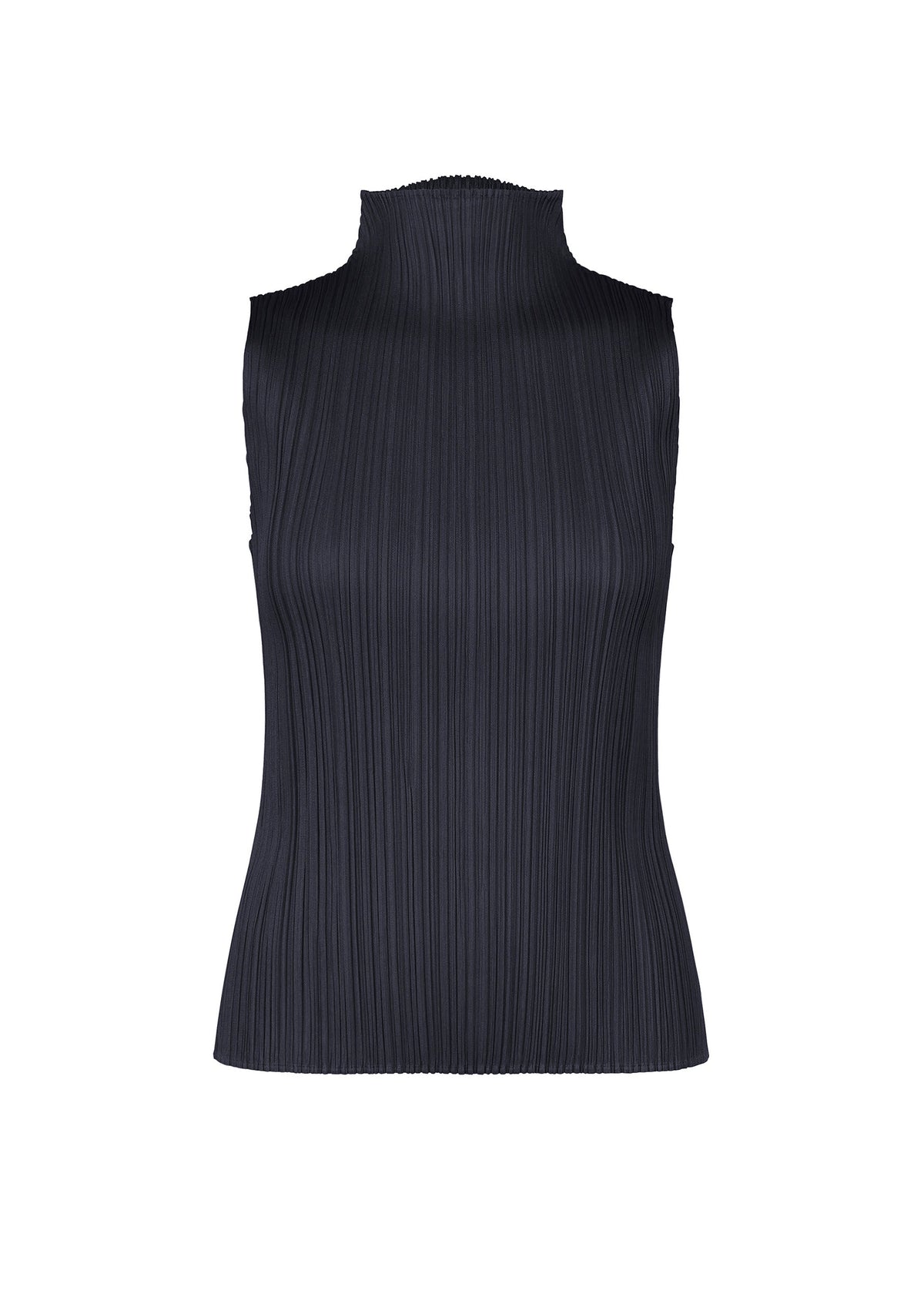 Dark navy sleeveless mock-neck top from the PLEATS PLEASE ISSEY MIYAKE NEW COLORFUL BASICS 5 collection, featuring a vertical pleated texture that is easy to style. view 5 of 10