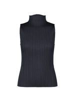 Dark navy sleeveless mock-neck top from the PLEATS PLEASE ISSEY MIYAKE NEW COLORFUL BASICS 5 collection, featuring a vertical pleated texture that is easy to style. - NAVY （no.75）