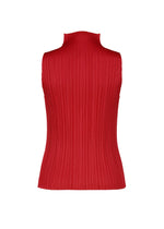 Brightly colored red sleeveless mock-neck top from the NEW COLORFUL BASICS 5 collection by PLEATS PLEASE ISSEY MIYAKE, featuring vertical pleats.