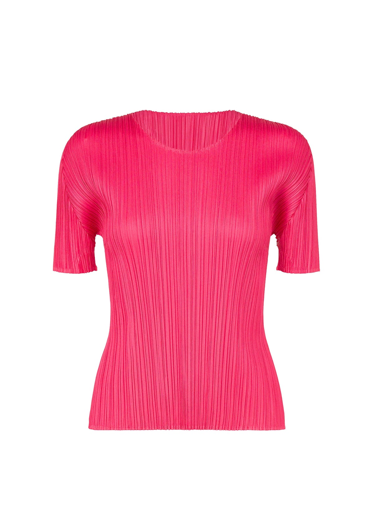 Zoomed view Bright pink short-sleeved, round-neck NEW COLORFUL BASICS 5 shirt by PLEATS PLEASE ISSEY MIYAKE featuring a vertical pleated texture. - HOT PINK （no.20）