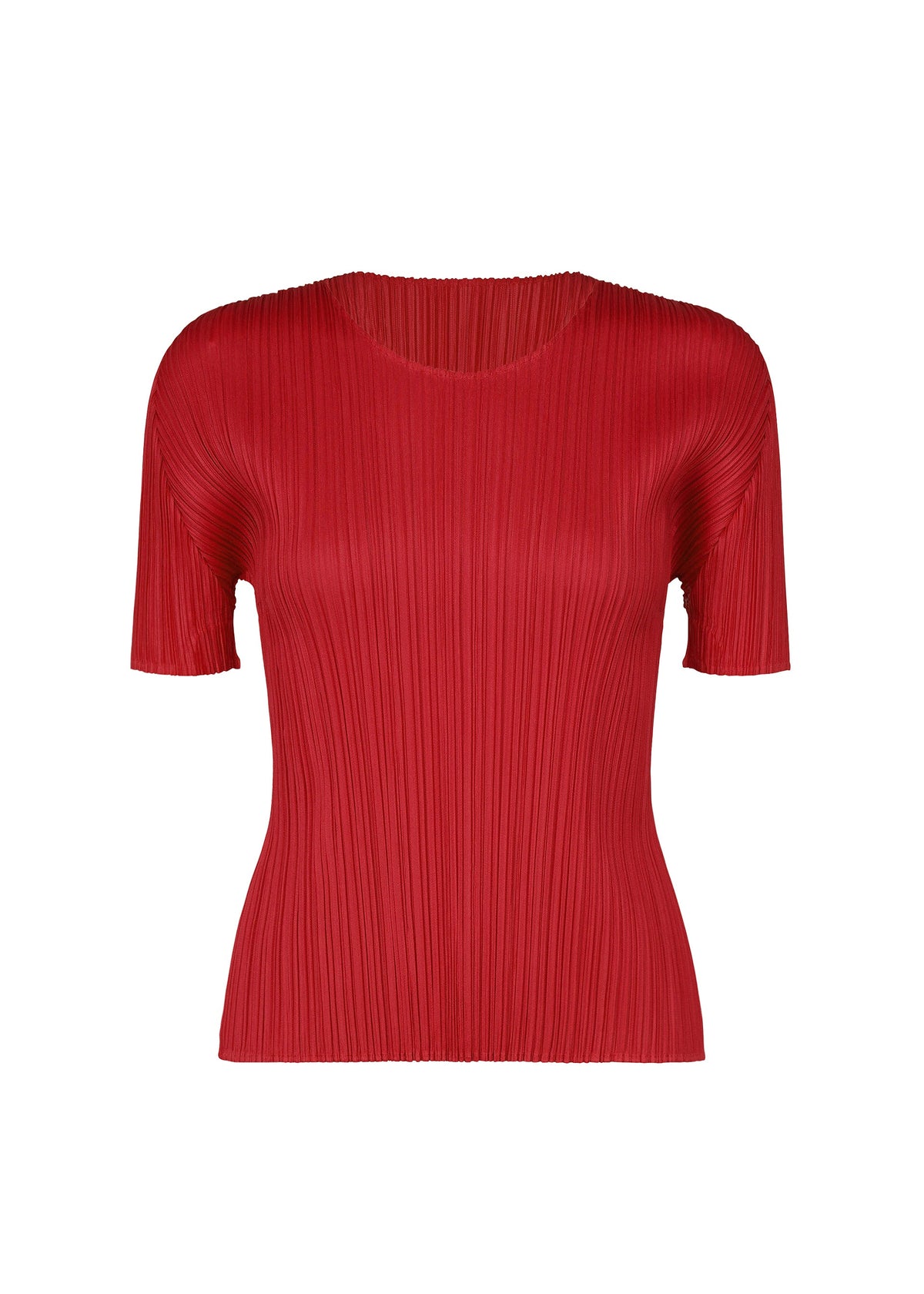 Brightly colored red NEW COLORFUL BASICS 5 pleated short-sleeve top by PLEATS PLEASE ISSEY MIYAKE with a round neckline. view 2 of 10