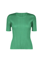 Bright green short-sleeved, round-neck NEW COLORFUL BASICS 5 shirt by PLEATS PLEASE ISSEY MIYAKE featuring a vertical pleated texture. - TURQUOISE GREEN （no.66）