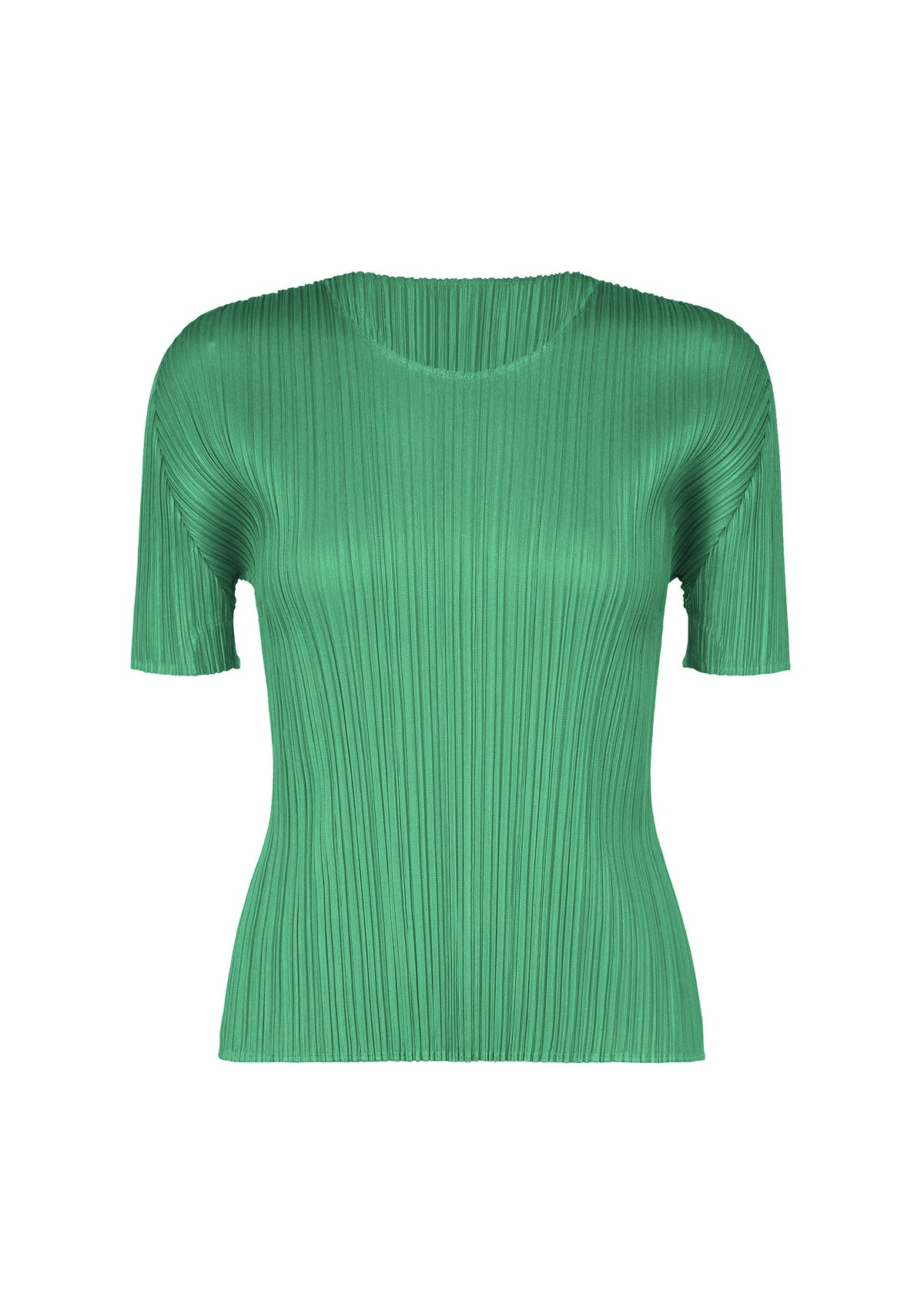 Zoomed view Bright green short-sleeved, round-neck NEW COLORFUL BASICS 5 shirt by PLEATS PLEASE ISSEY MIYAKE featuring a vertical pleated texture. - TURQUOISE GREEN （no.66）