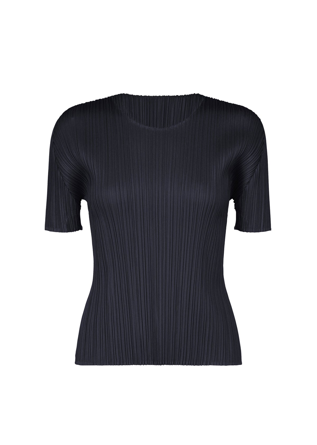 Zoomed view PLEATS PLEASE ISSEY MIYAKE NEW COLORFUL BASICS 5 dark navy blue short-sleeved round-neck shirt with a vertical pleated texture. - NAVY （no.75）