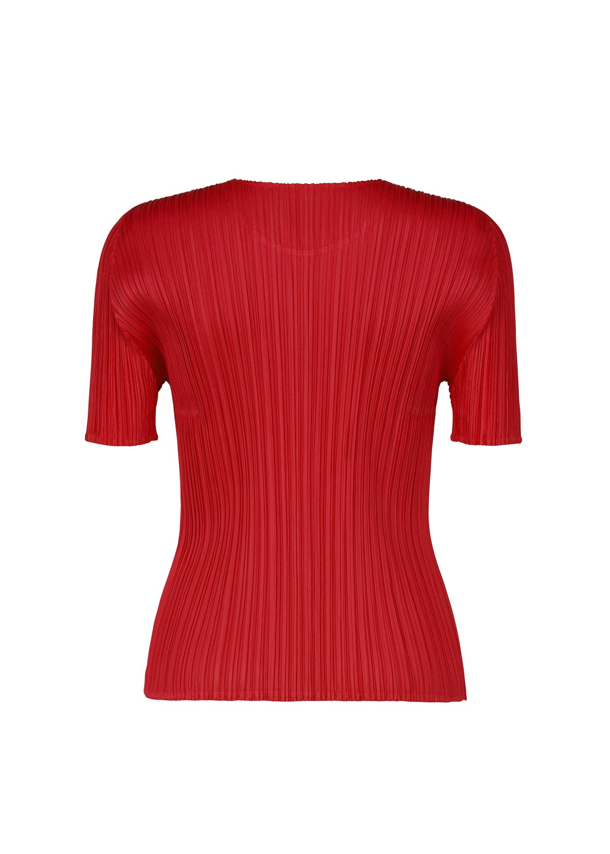 Zoomed view Brightly colored red NEW COLORFUL BASICS 5 short-sleeved top by PLEATS PLEASE ISSEY MIYAKE with a pleated texture and a round neckline.