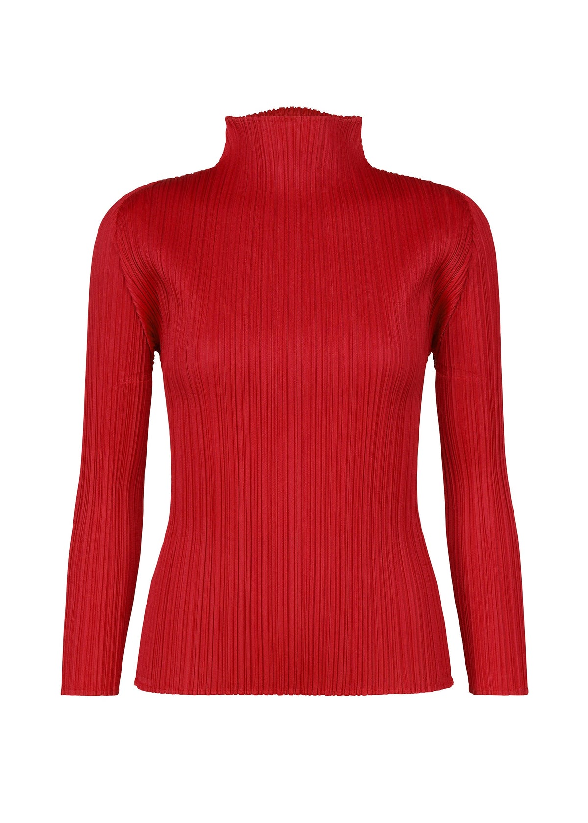 Bright red, long-sleeved mock-neck NEW COLORFUL BASICS 5 top with a pleated texture. view 2 of 10