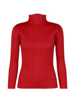 Bright red, long-sleeved mock-neck NEW COLORFUL BASICS 5 top with a pleated texture. - RED （no.24）