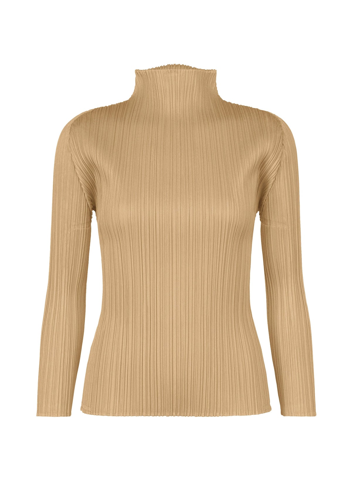 Tan long-sleeved high-neck PLEATS PLEASE ISSEY MIYAKE NEW COLORFUL BASICS 5 top with a fine vertical pleated texture. view 3 of 10
