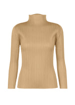 Tan long-sleeved high-neck PLEATS PLEASE ISSEY MIYAKE NEW COLORFUL BASICS 5 top with a fine vertical pleated texture. - LIGHT BEIGE （no.40）