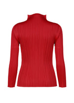 Back view of a red PLEATS PLEASE ISSEY MIYAKE NEW COLORFUL BASICS 5 long-sleeved high-neck shirt with a vertical pleated texture.