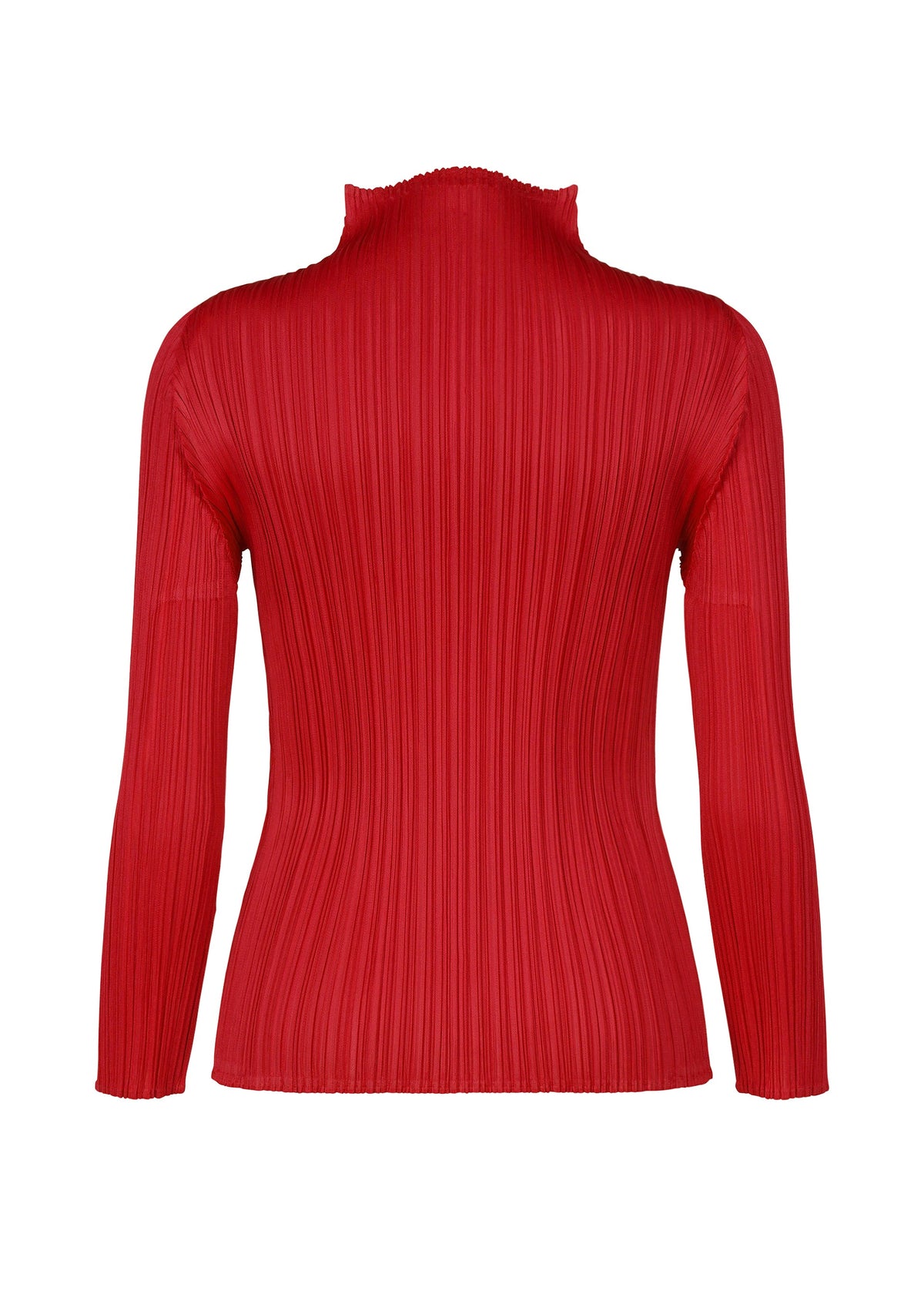 Zoomed view Back view of a red PLEATS PLEASE ISSEY MIYAKE NEW COLORFUL BASICS 5 long-sleeved high-neck shirt with a vertical pleated texture.