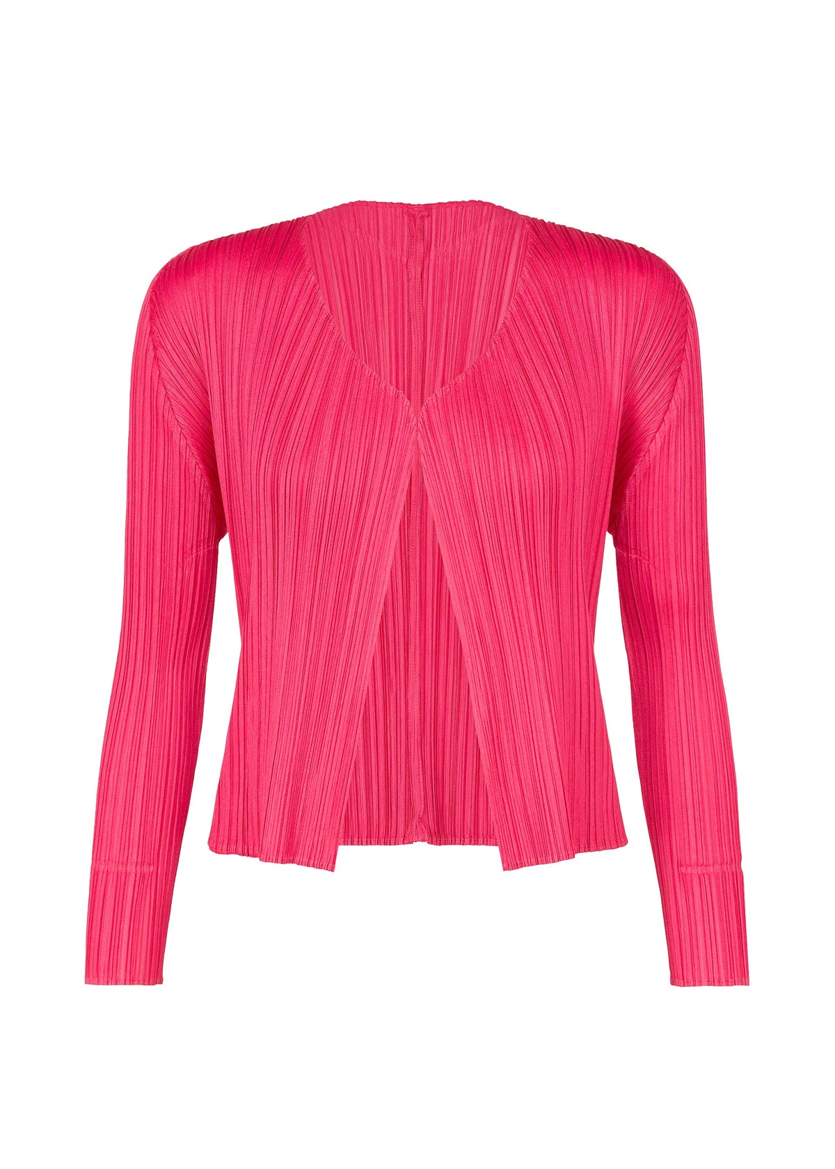 Zoomed view Brightly colored hot pink NEW COLORFUL BASICS 5 short cardigan by PLEATS PLEASE ISSEY MIYAKE with long sleeves, an open front, and vertical pleats. - HOT PINK （no.20）
