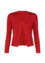 Brightly colored, short red PLEATS PLEASE ISSEY MIYAKE NEW COLORFUL BASICS 5 cardigan with a pleated texture, an open front, and a V-neckline. - RED （no.24）