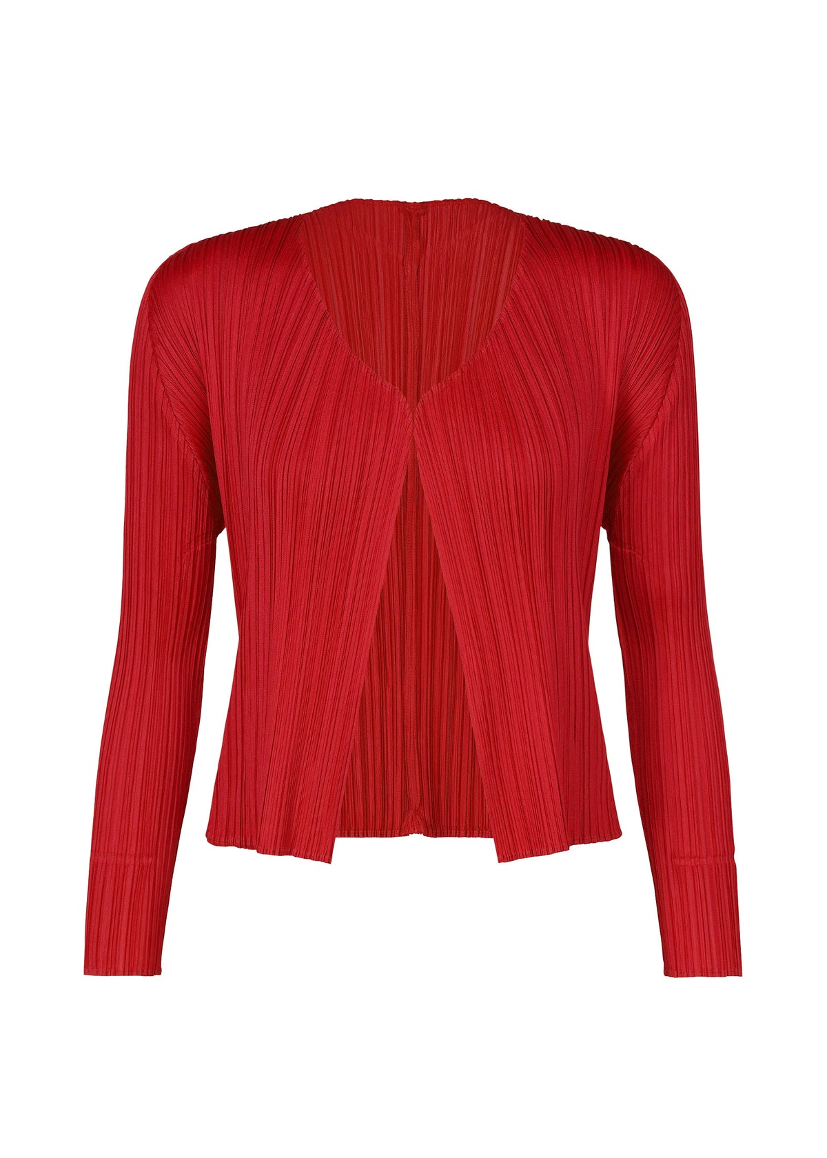 Zoomed view Brightly colored, short red PLEATS PLEASE ISSEY MIYAKE NEW COLORFUL BASICS 5 cardigan with a pleated texture, an open front, and a V-neckline. - RED （no.24）