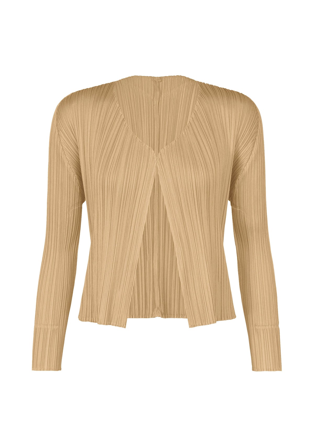 Brightly colored tan PLEATS PLEASE ISSEY MIYAKE NEW COLORFUL BASICS 5 long-sleeved open-front cardigan with vertical pleats and a V-neckline. view 3 of 10
