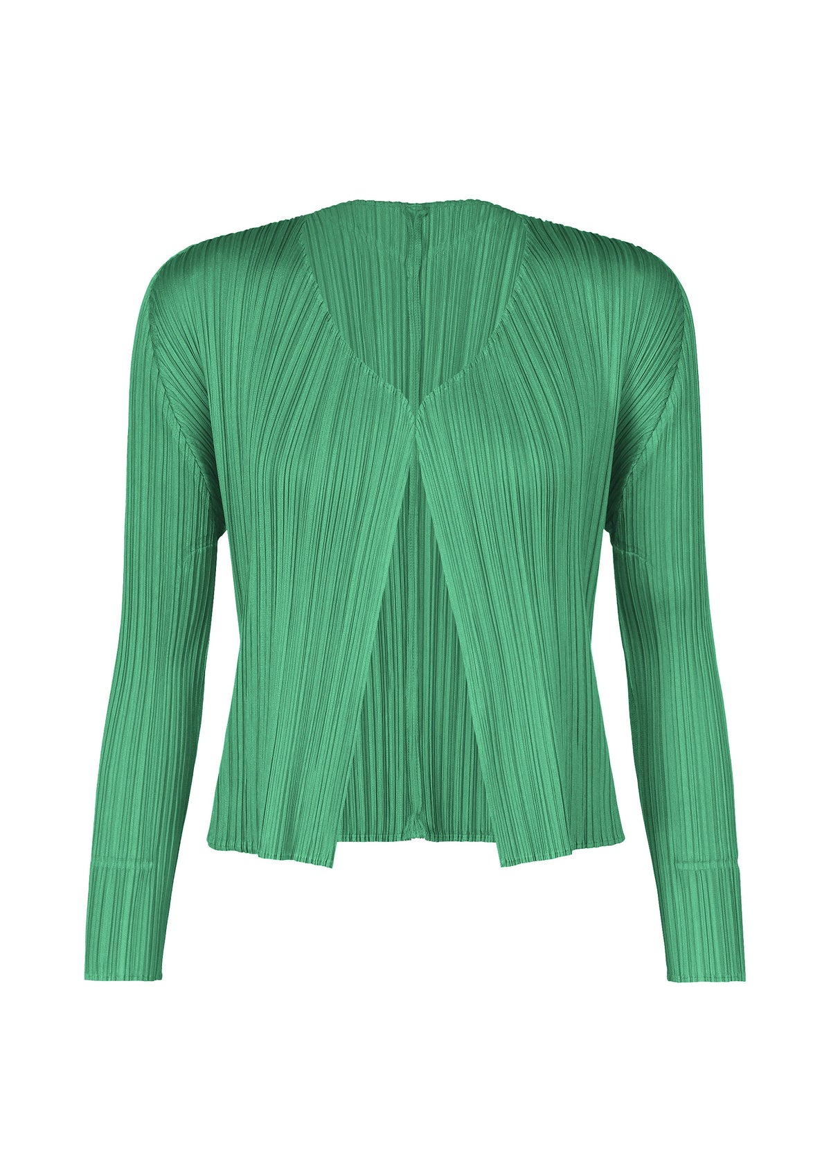 Bright green, short, long-sleeved NEW COLORFUL BASICS 5 cardigan by PLEATS PLEASE ISSEY MIYAKE with a V-neck and vertical pleated texture. view 4 of 10