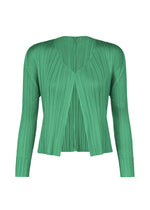 Bright green, short, long-sleeved NEW COLORFUL BASICS 5 cardigan by PLEATS PLEASE ISSEY MIYAKE with a V-neck and vertical pleated texture. - TURQUOISE GREEN （no.66）