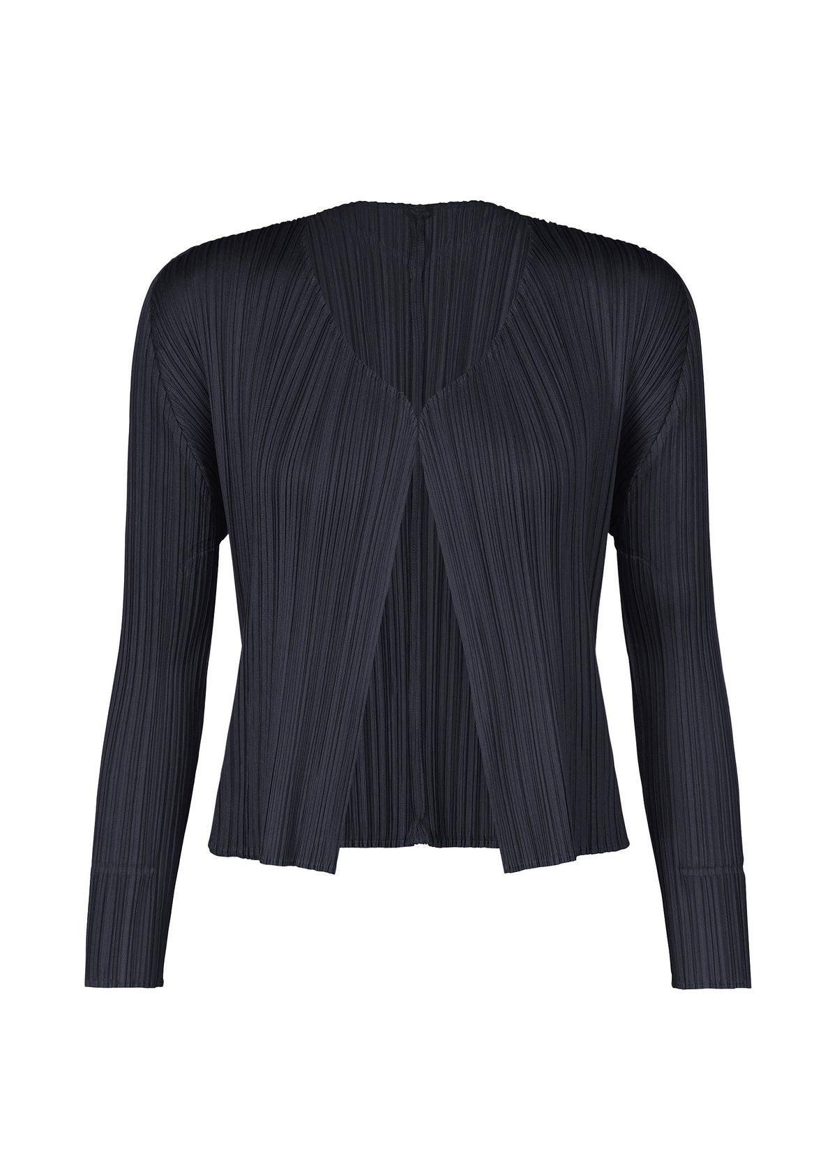 Black long-sleeved open-front PLEATS PLEASE ISSEY MIYAKE NEW COLORFUL BASICS 5 cardigan with vertical pleats and a V-neckline in a versatile, easy-to-style silhouette. view 5 of 10