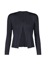 Black long-sleeved open-front PLEATS PLEASE ISSEY MIYAKE NEW COLORFUL BASICS 5 cardigan with vertical pleats and a V-neckline in a versatile, easy-to-style silhouette. - NAVY （no.75）