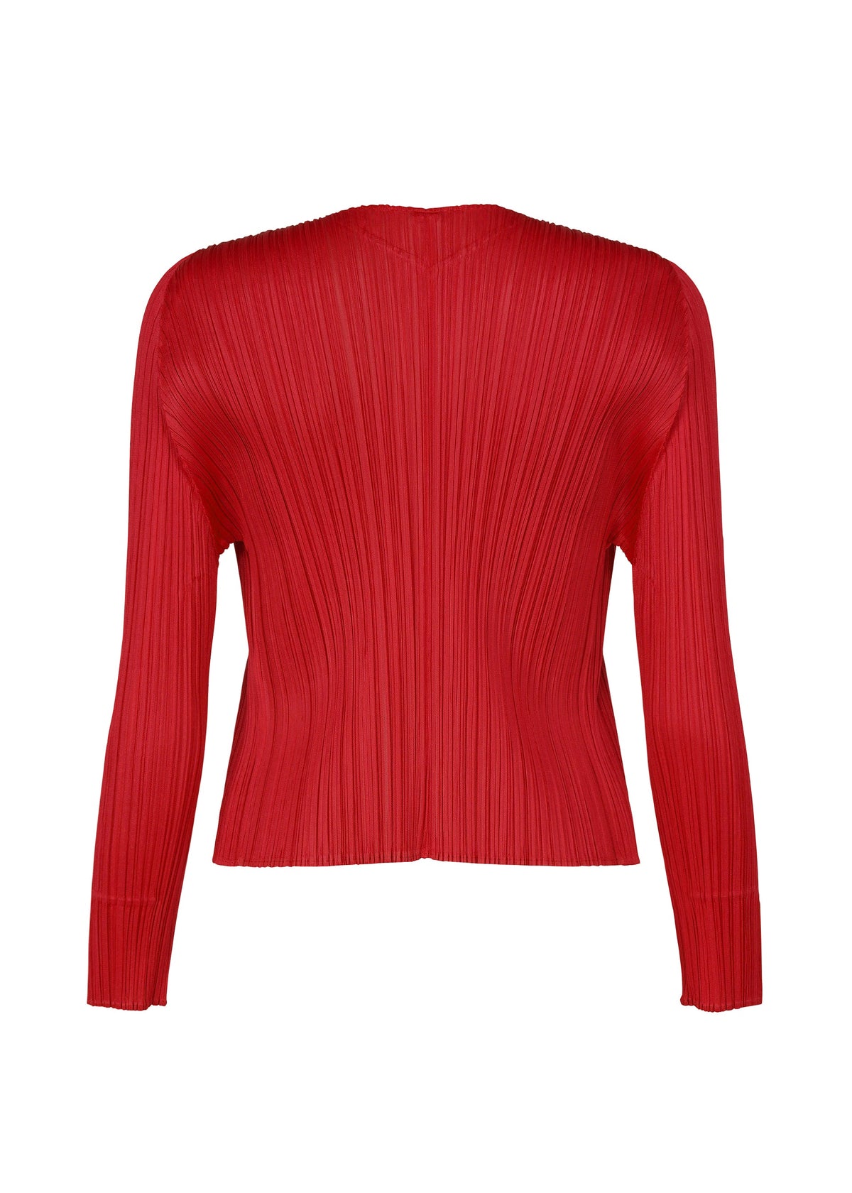 PLEATS PLEASE ISSEY MIYAKE NEW COLORFUL BASICS 5 long-sleeved red shirt with a V-neck and a finely pleated texture. view 6 of 10
