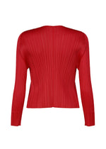 PLEATS PLEASE ISSEY MIYAKE NEW COLORFUL BASICS 5 long-sleeved red shirt with a V-neck and a finely pleated texture.