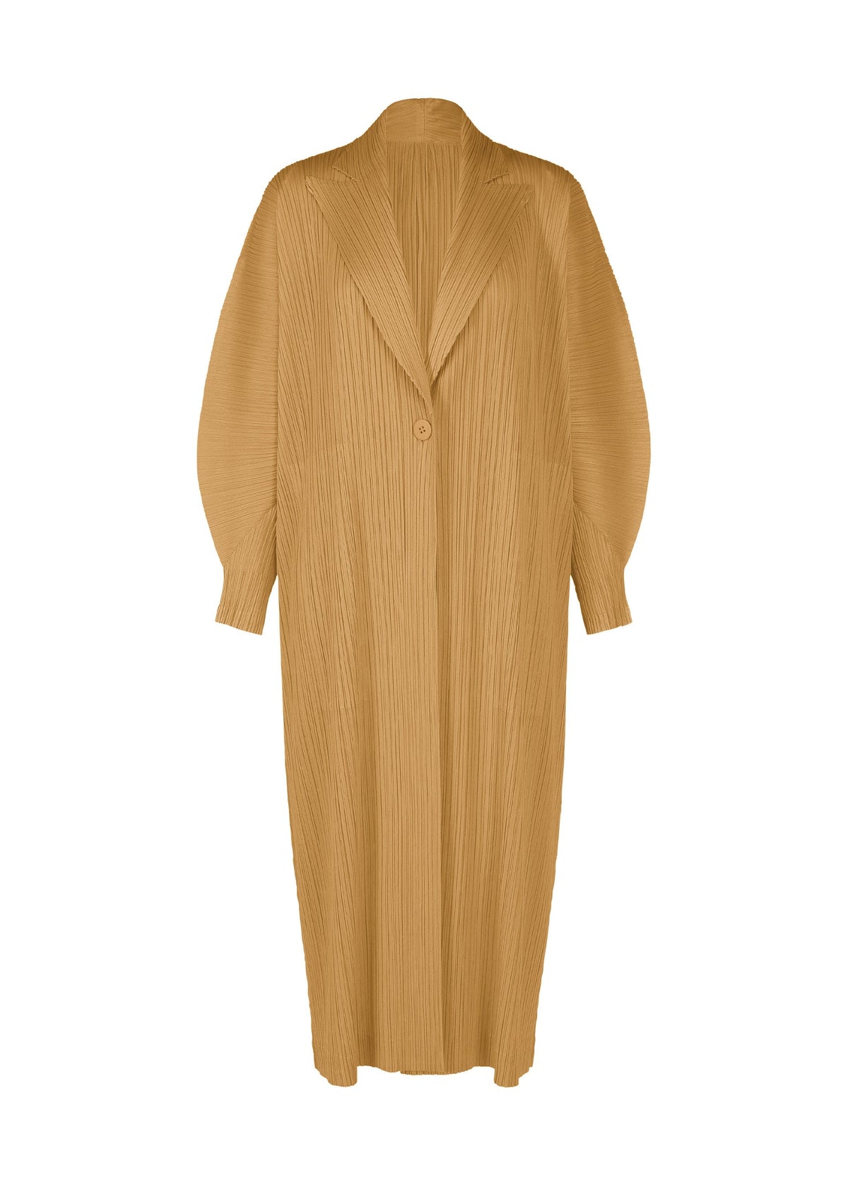 The MONTHLY COLORS : DECEMBER coat from PLEATS PLEASE ISSEY MIYAKE features a long, tan silhouette with wide notched lapels, button closure, loose sleeves, and vertical pleats for a structured yet relaxed look. view 3 of 10
