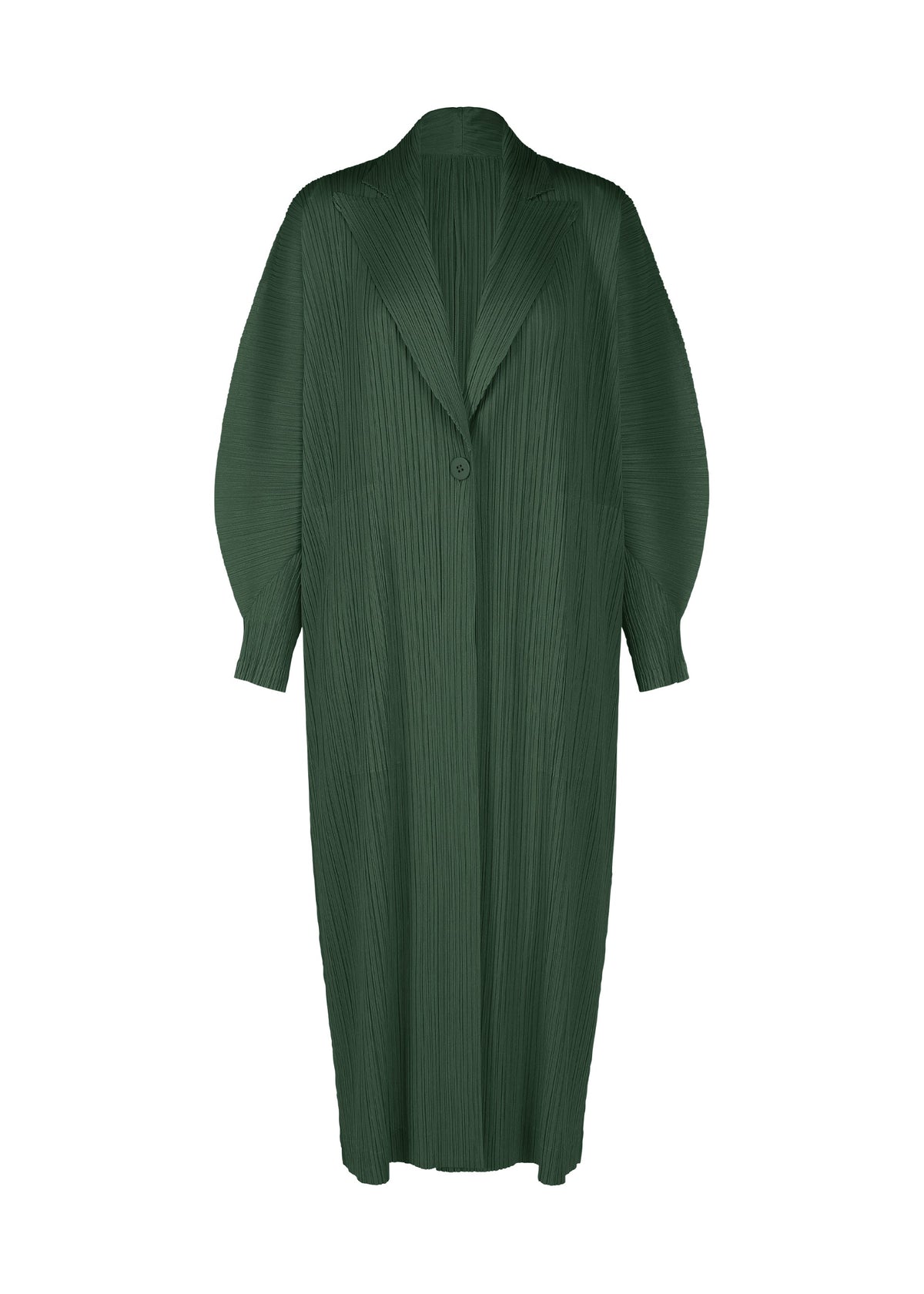 The MONTHLY COLORS : DECEMBER cardigan by PLEATS PLEASE ISSEY MIYAKE is a dark green, pleated long coat with a single button closure, wide lapels, loose dolman sleeves, and a relaxed, straight fit. view 10 of 10
