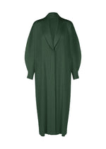 The MONTHLY COLORS : DECEMBER cardigan by PLEATS PLEASE ISSEY MIYAKE is a dark green, pleated long coat with a single button closure, wide lapels, loose dolman sleeves, and a relaxed, straight fit. - FOREST GREEN （no.64）