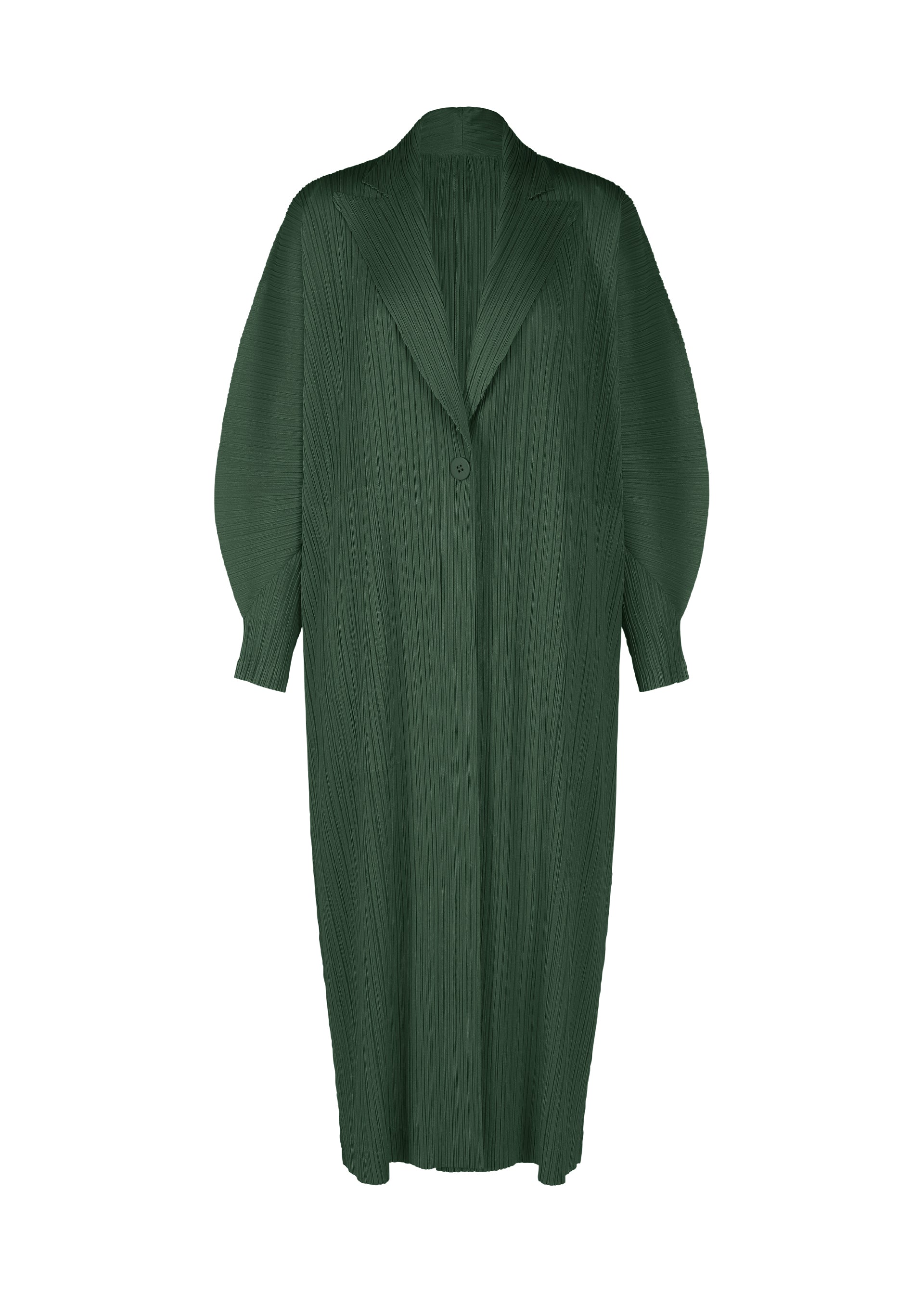 Zoomed view The MONTHLY COLORS : DECEMBER cardigan by PLEATS PLEASE ISSEY MIYAKE is a dark green, pleated long coat with a single button closure, wide lapels, loose dolman sleeves, and a relaxed, straight fit. - FOREST GREEN （no.64）